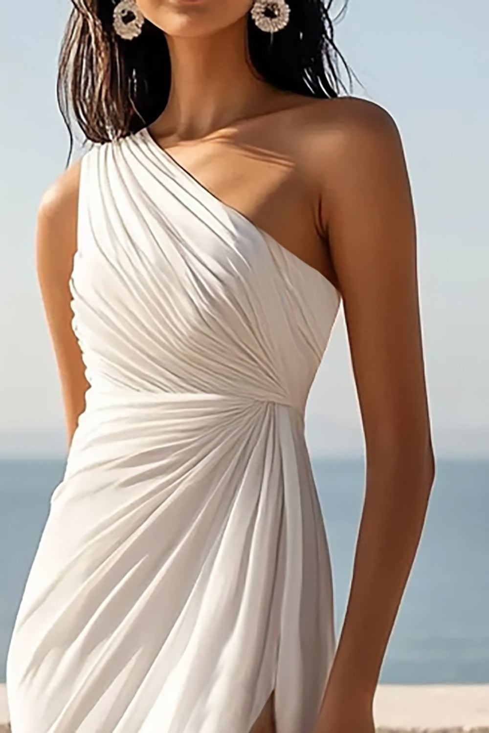 One Shoulder Ruched Ivory Maxi Sheath Beach Engagement Dress with Slit