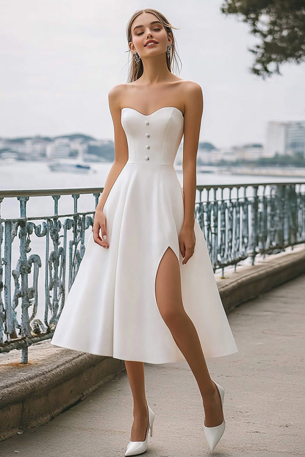 Ivory A-Line Sweetheart Strapless Engagement Dress with Slit