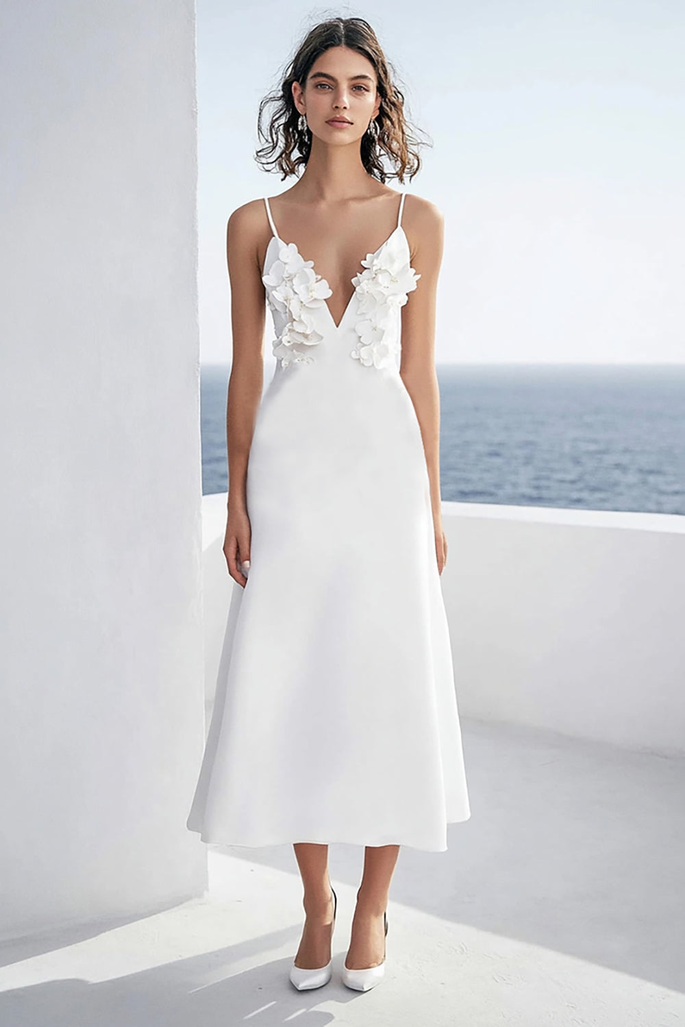 Ivory A Line Spaghetti Straps Engagement Dress with 3D Flower
