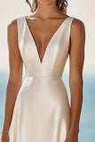 A-Line Ivory V-Neck Long Engagement Dress