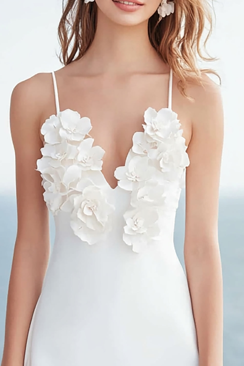 Ivory A Line Spaghetti Straps Engagement Dress with 3D Flower