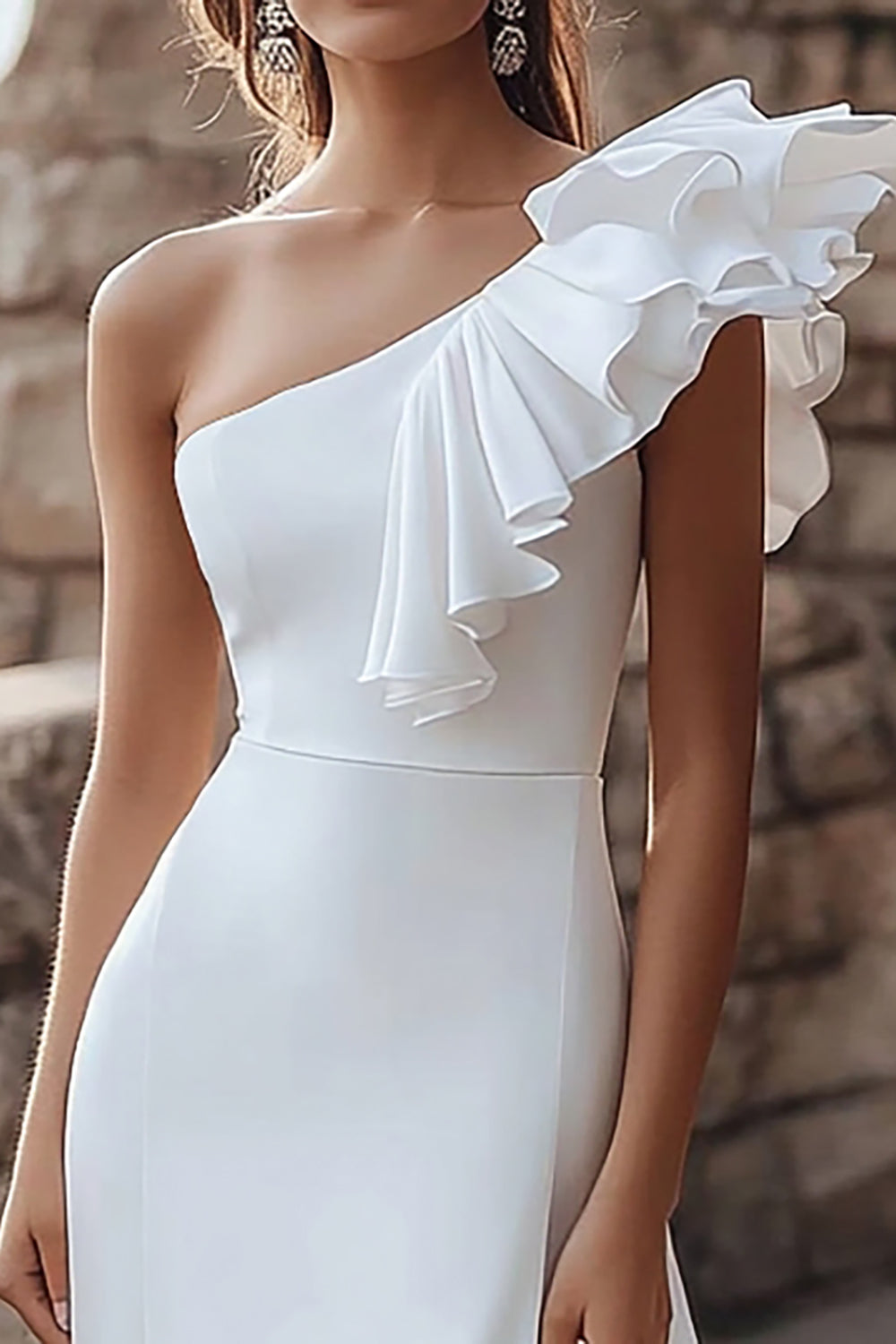 Ivory One Shoulder A-Line Ruffled Engagement Dress