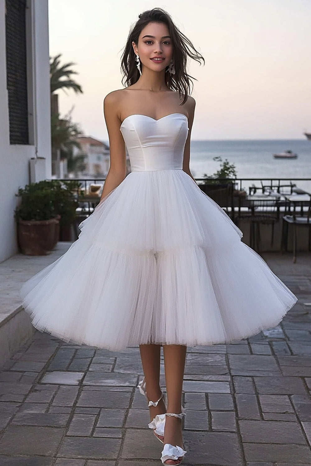 Ivory A-Line Strapless Corset Tulle Tiered Short Engagement Dress