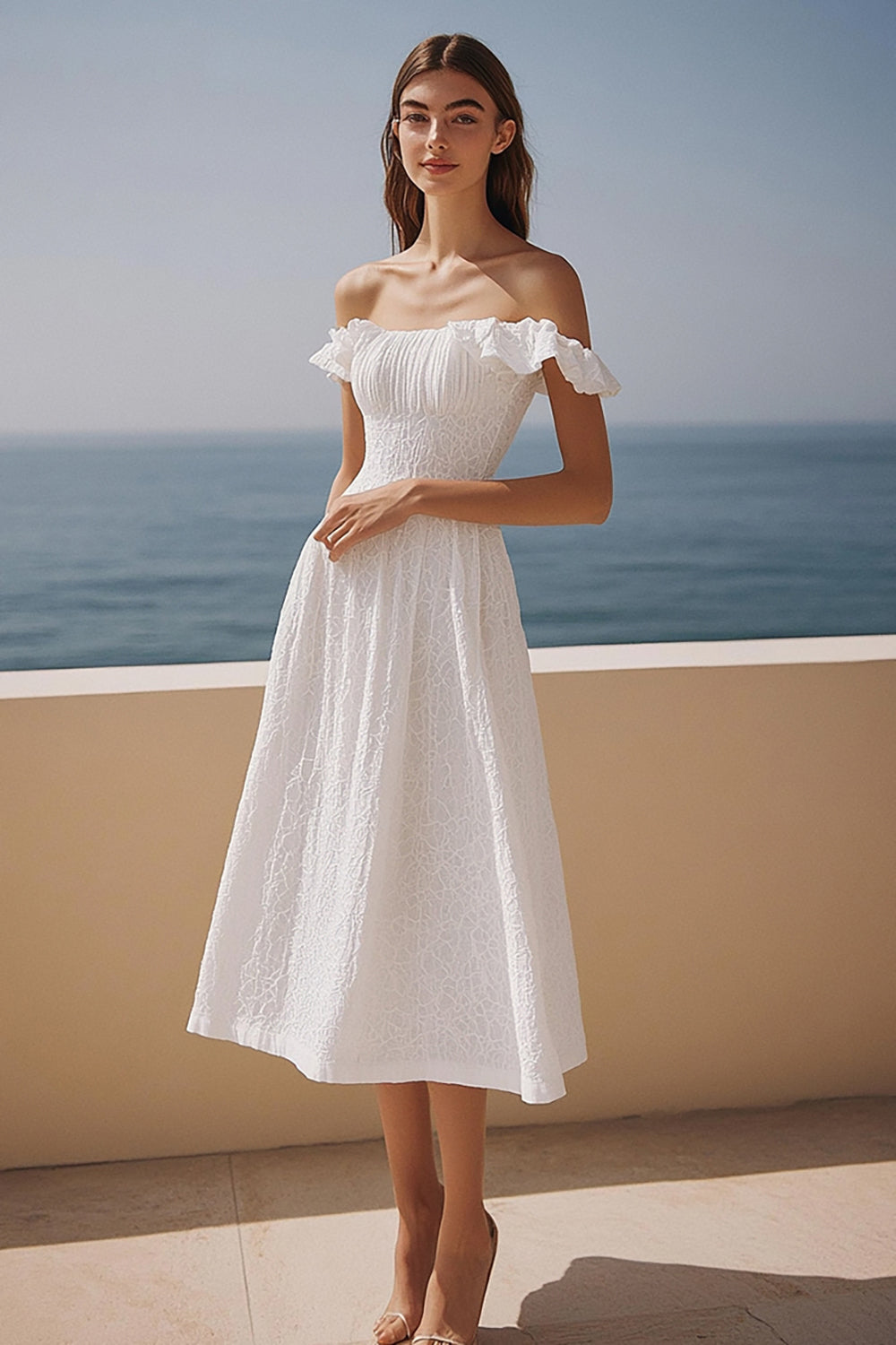 Ivory A Line Off the Shoulder Lace Engagement Dress with Ruffles