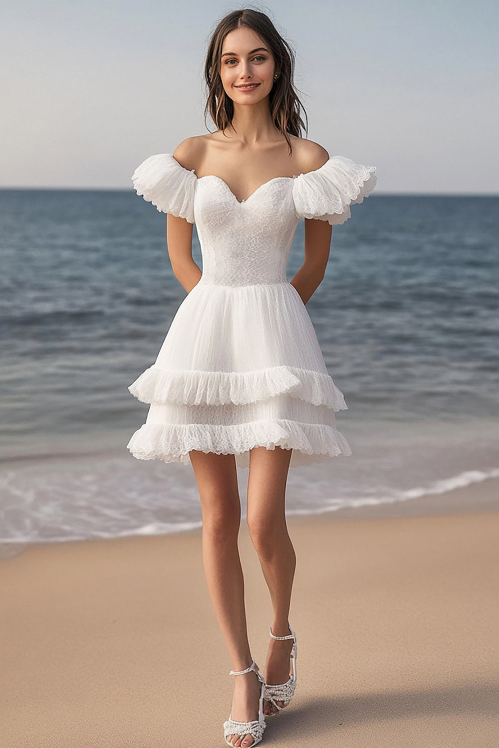 Ivory A Line Off the Shoulder Lace Short Engagement Dress with Ruffles