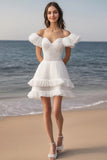 Ivory A Line Off the Shoulder Lace Short Engagement Dress with Ruffles