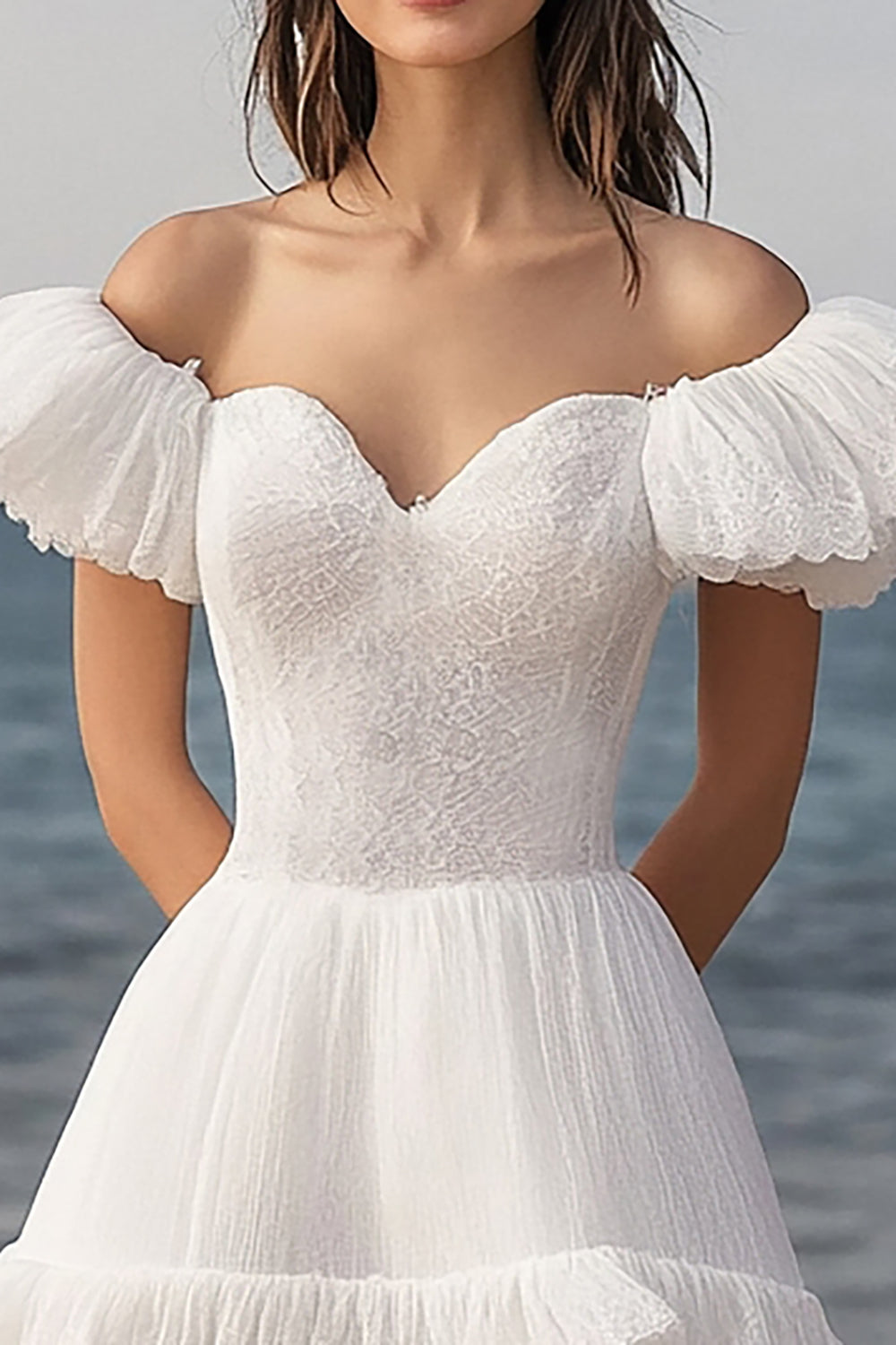 Ivory A Line Off the Shoulder Lace Short Engagement Dress with Ruffles