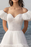 Ivory A Line Off the Shoulder Lace Short Engagement Dress with Ruffles