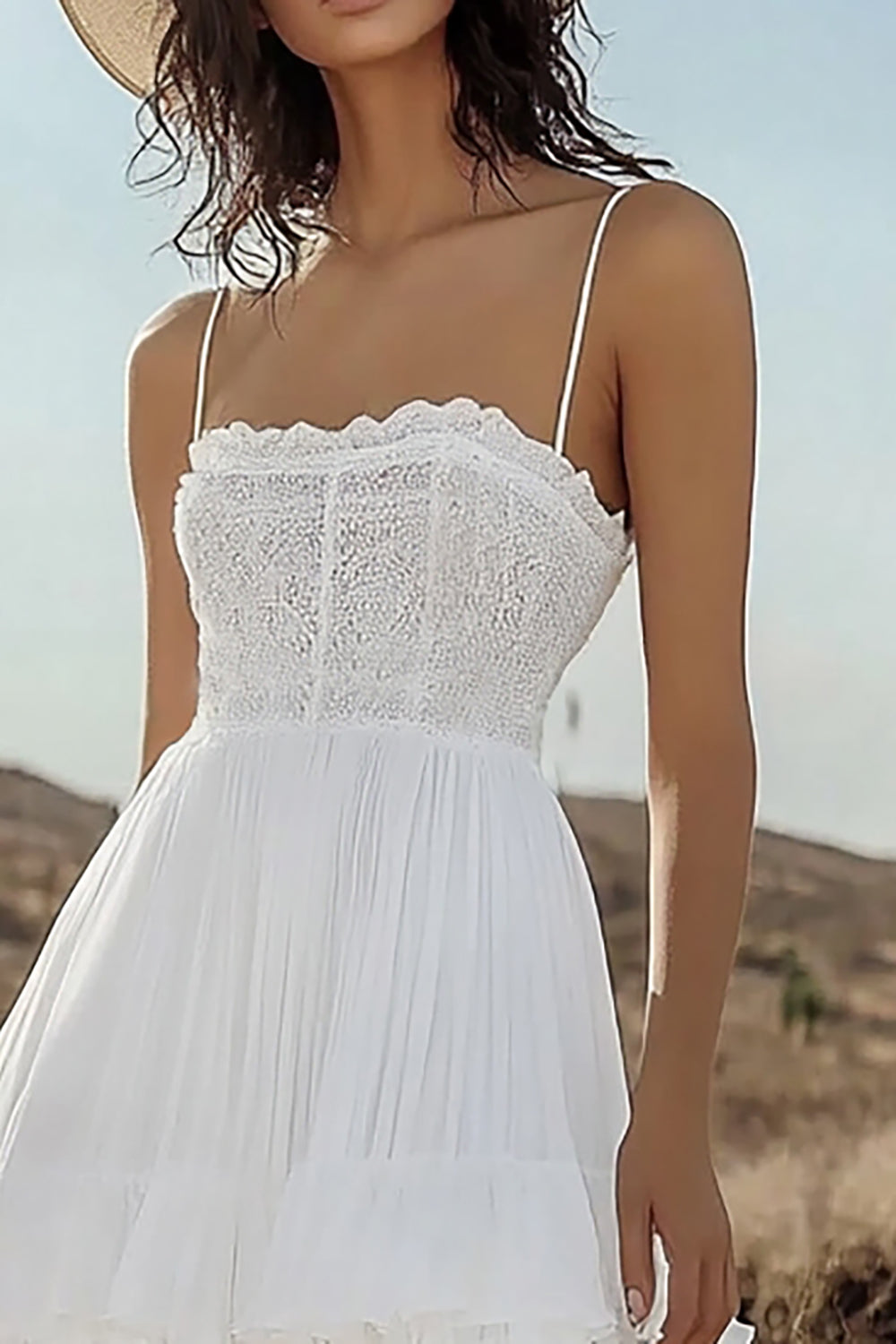Ivory A Line Spaghetti Straps Tiered Long Engagement Dress