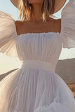 Ivory A-Line Square Neck Engagement Dress with Ruffles
