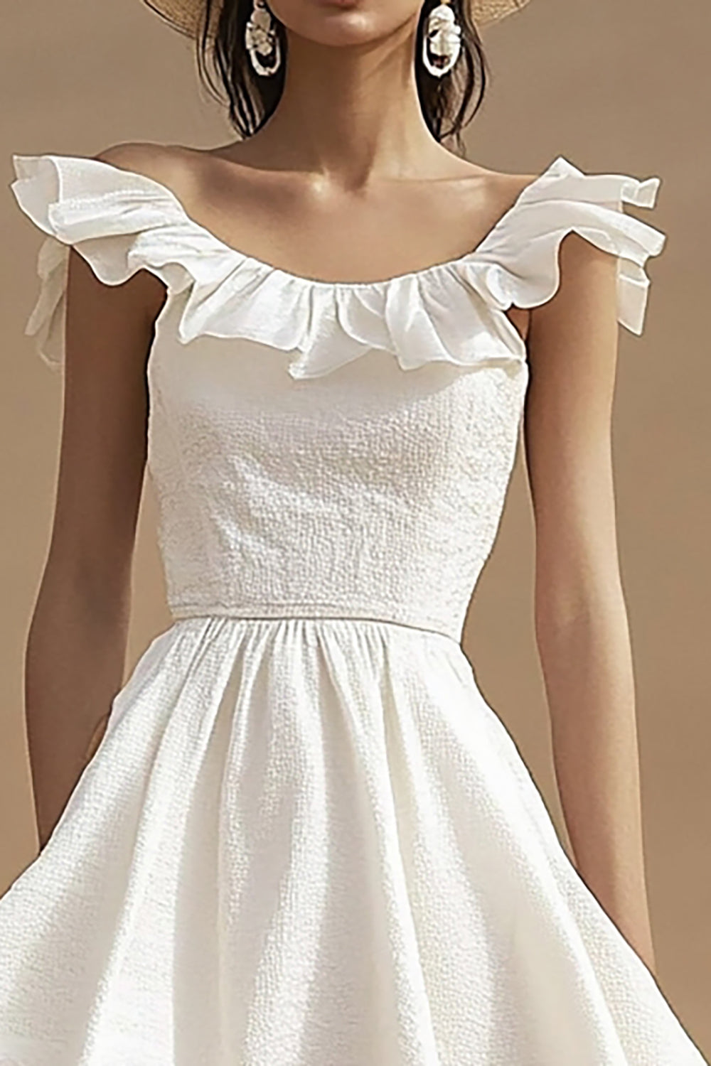 Ivory A Line Scoop Neck Ruffled Engagement Dress