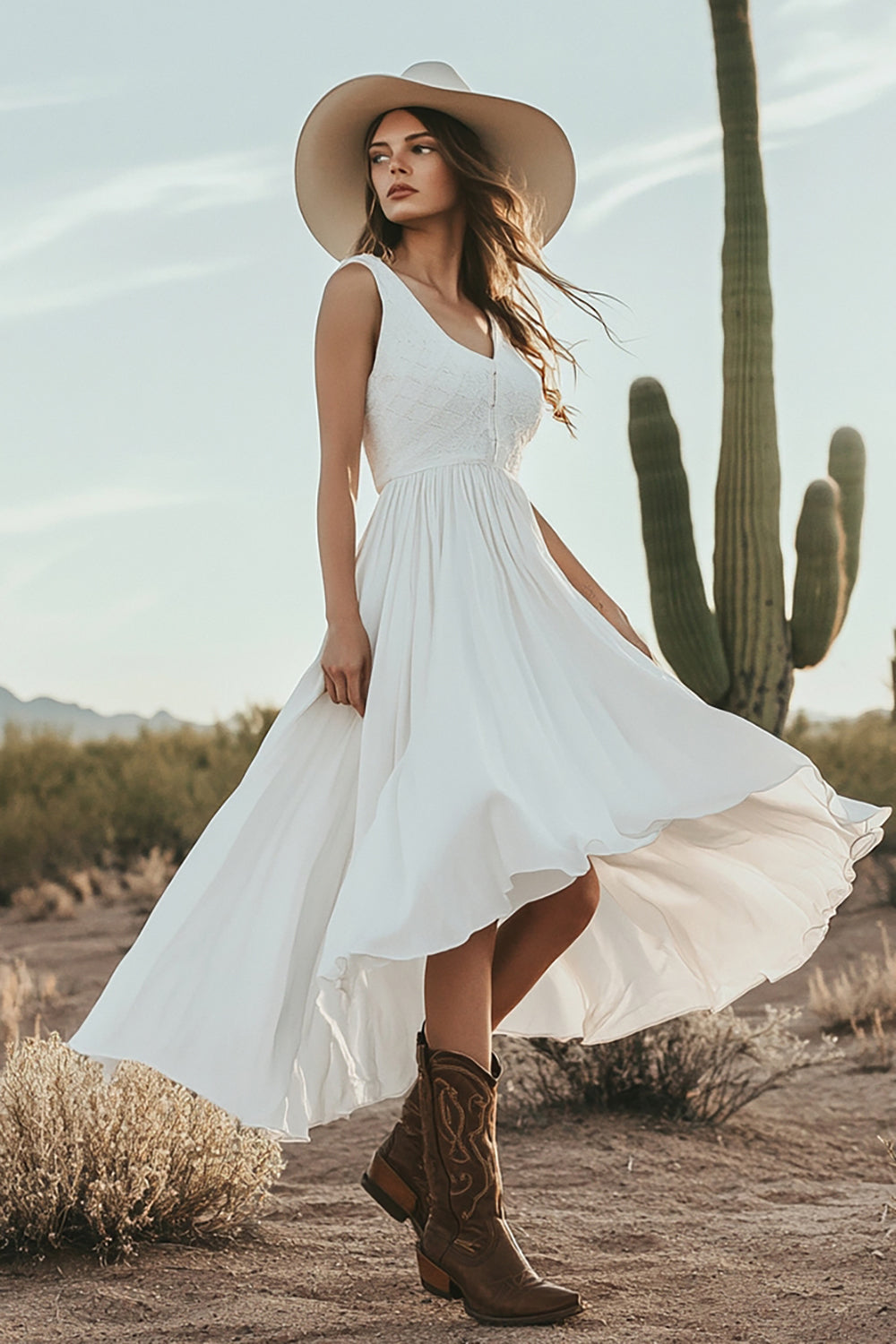 Ivory A Line V-Neck Ruffled Engagement Dress with Lace