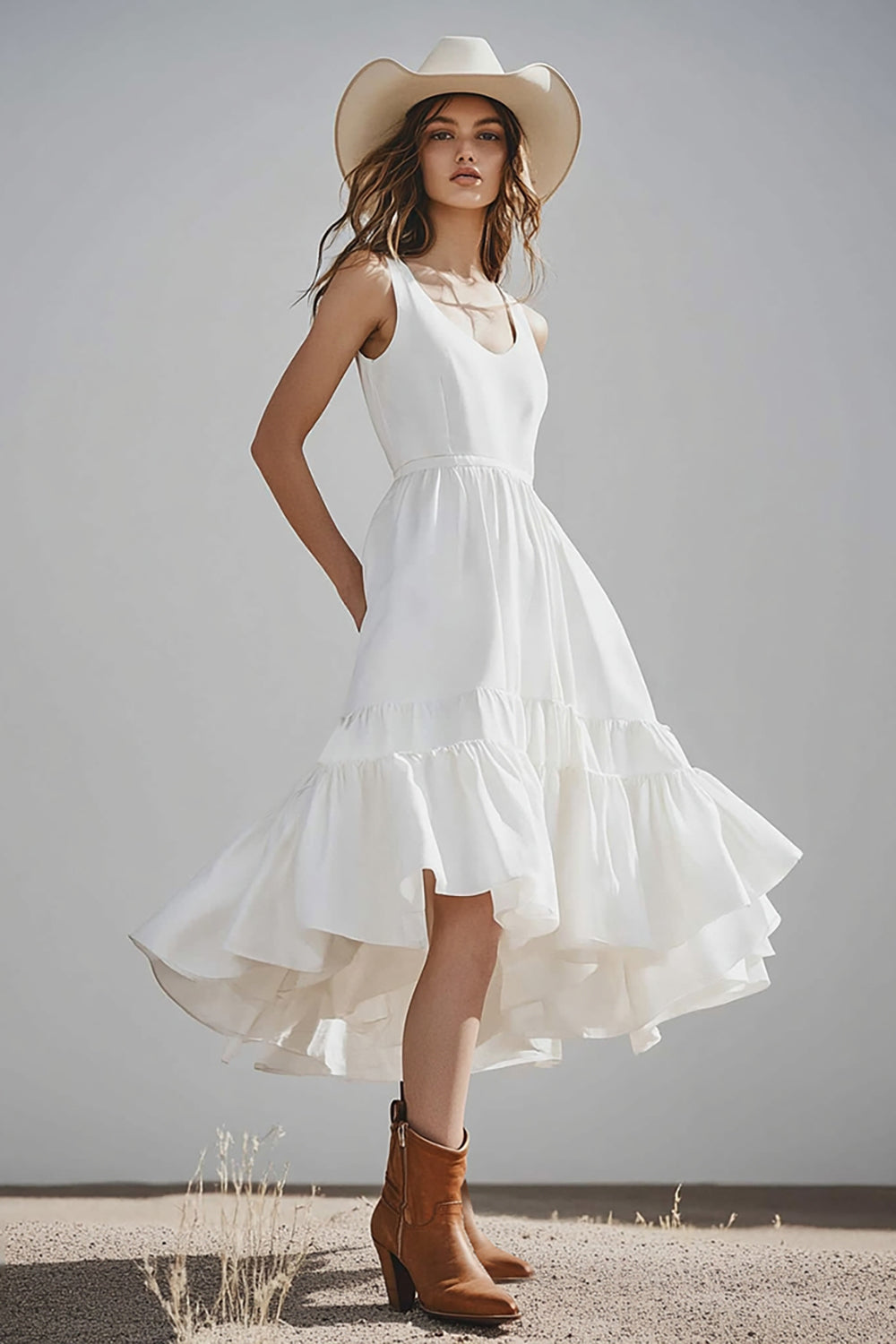 Ivory A Line U-Neck Long Engagement Dress with Ruffles