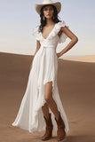 Ivory A Line V-Neck Ruffled Long Engagement Dress