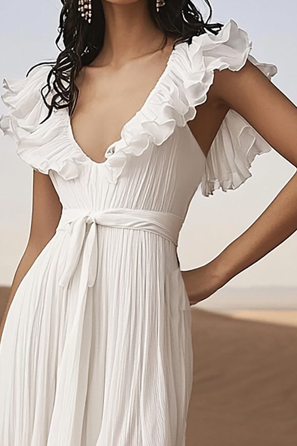Ivory A Line V-Neck Ruffled Long Engagement Dress