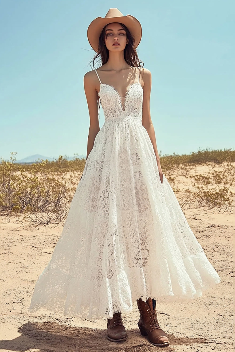 Ivory Lace A Line Spaghetti Straps Long Engagement Dress