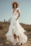 Ivory Lace A Line V-Neck Long Engagement Dress with Ruffles