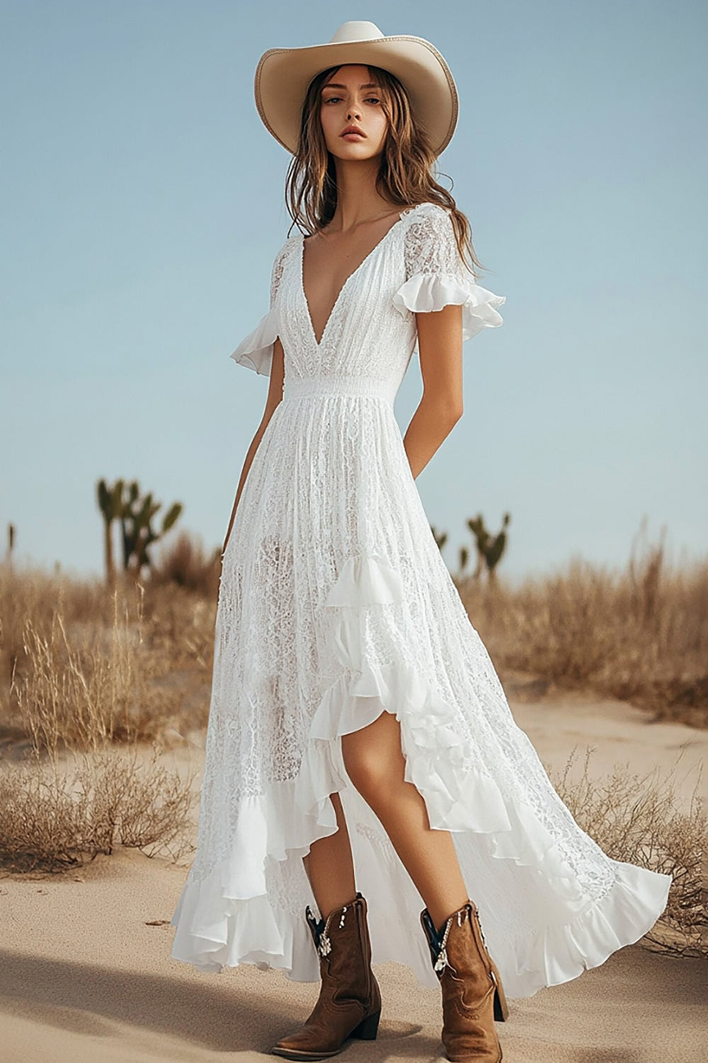 Ivory A Line V-Neck Lace Long Engagement Dress