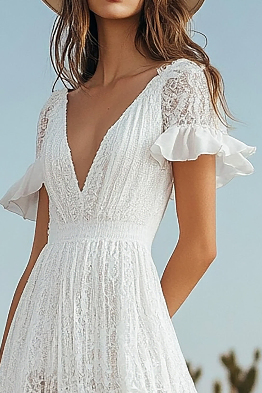 Ivory A Line V-Neck Lace Long Engagement Dress