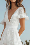 Ivory A Line V-Neck Lace Long Engagement Dress