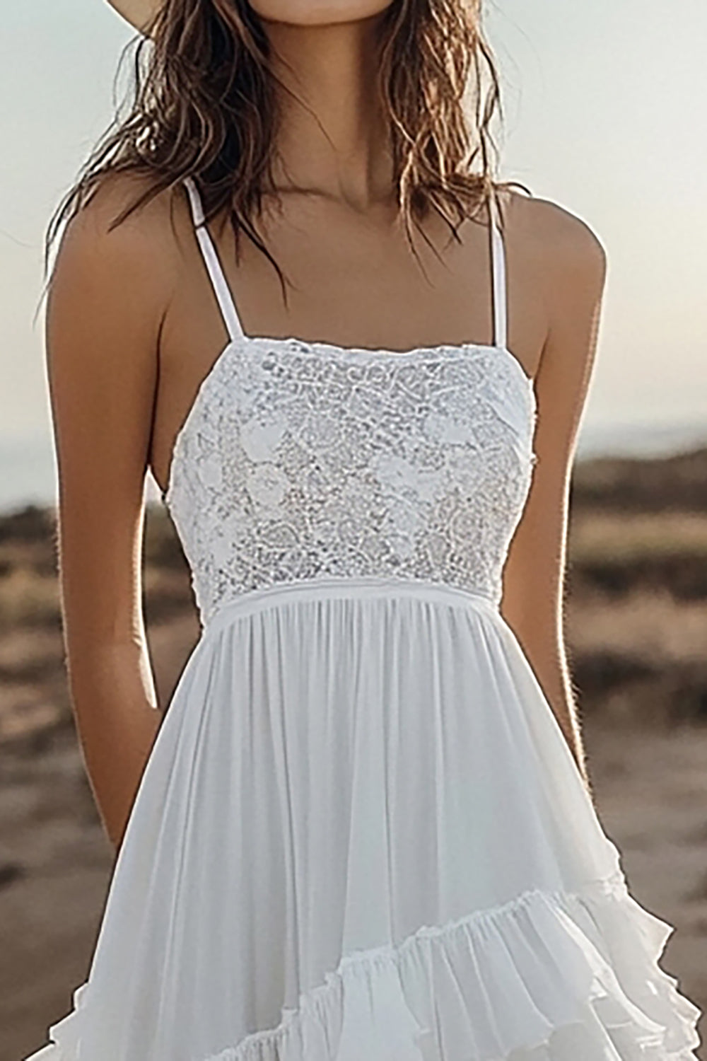 Ivory A Line Spaghetti Straps Lace Engagement Dress with Ruffles
