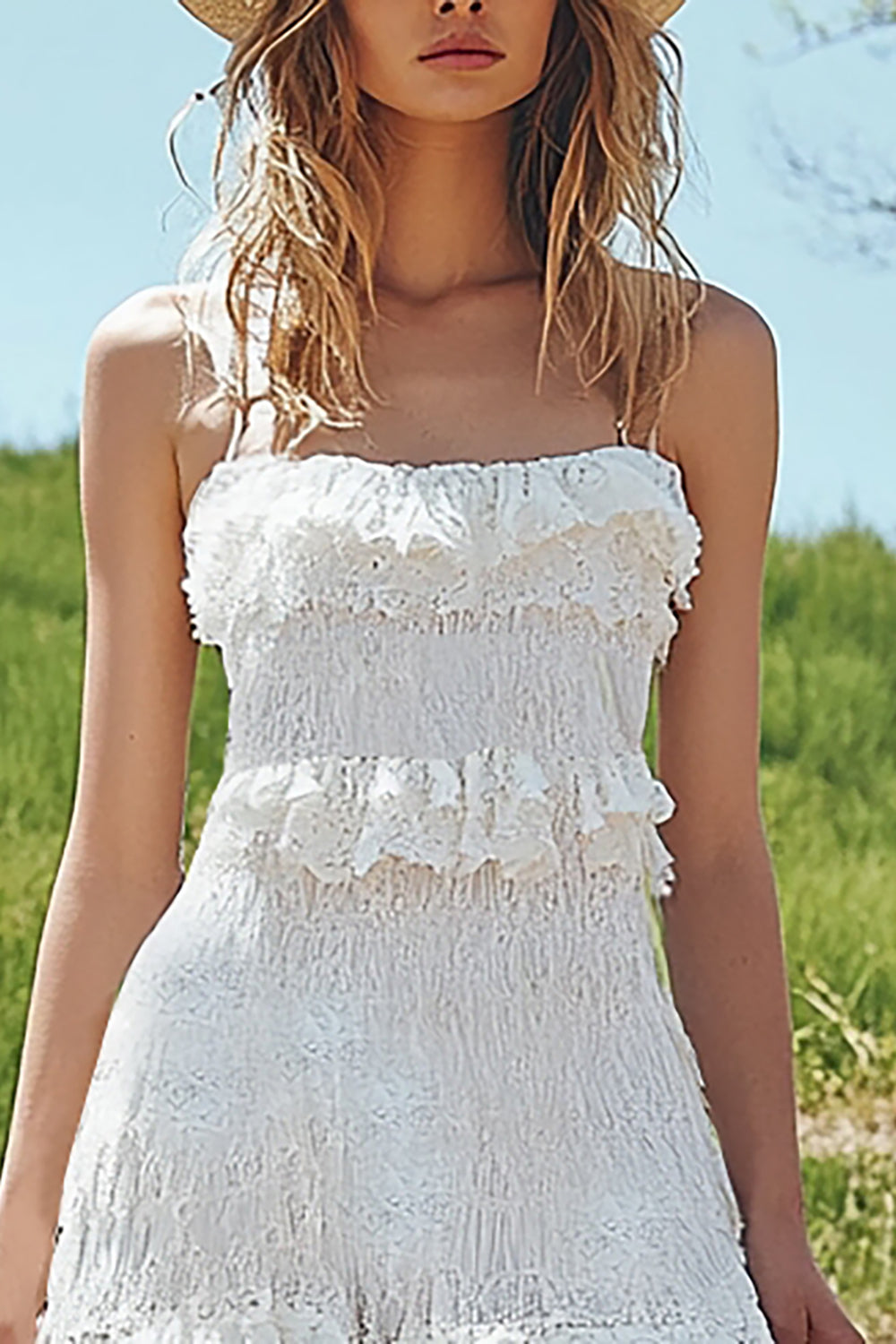 Ivory Lace Spaghetti Straps Engagement Dress with Ruffles