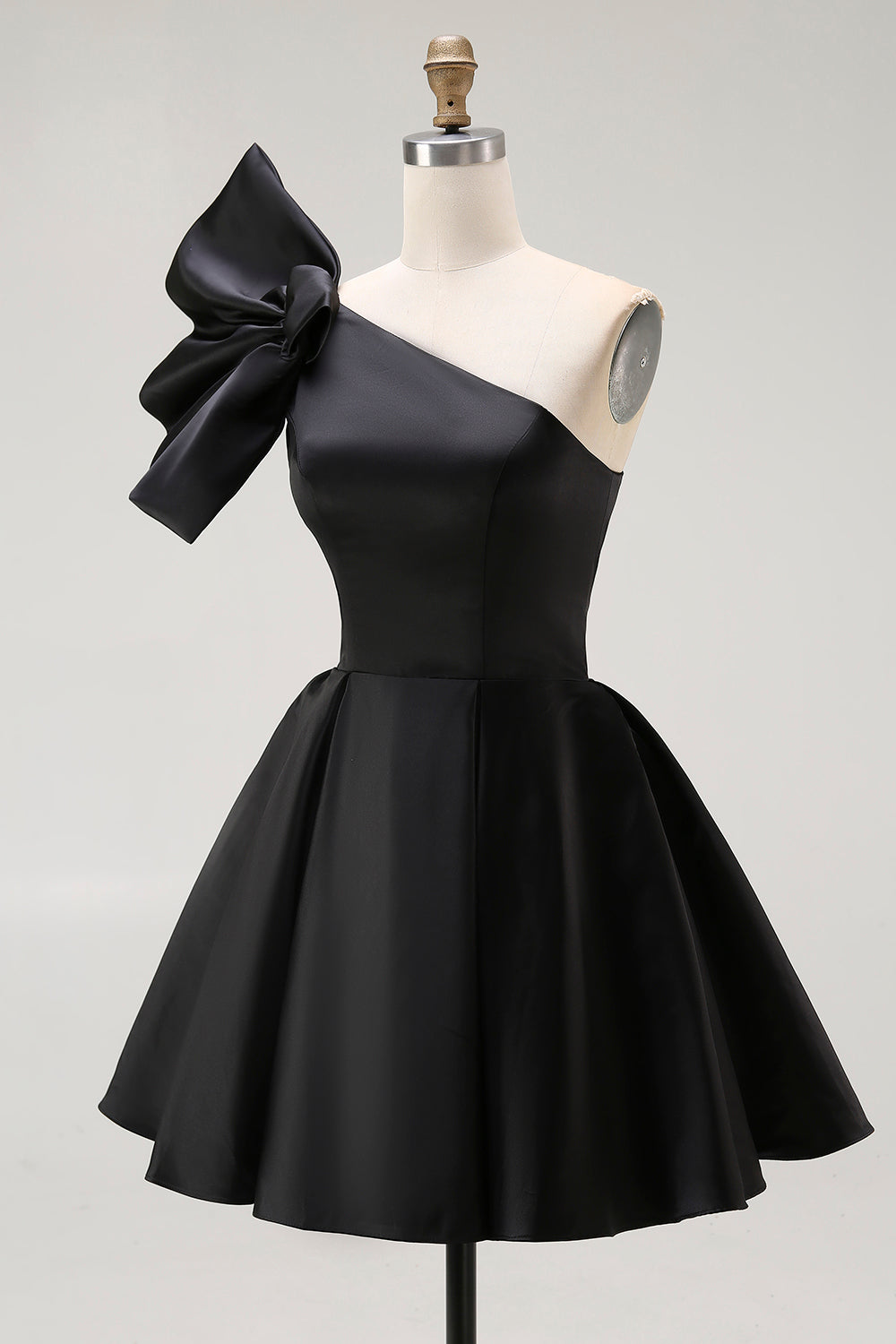 Black A Line Satin Short Cocktail Dress with Ruffles