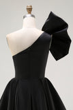 Black A Line Satin Short Cocktail Dress with Ruffles
