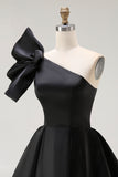 Black A Line Satin Short Cocktail Dress with Ruffles