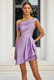 Lilac Satin Ruched Bodycon Short Cocktail Dress with Ruffles
