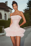 Sparkly Pink Strapless Sequin Bodycon Short Cocktail Dress with Ruffles