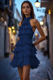 Navy Halter Chiffon Tiered Short Cocktail Dress with Ruffles