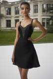 Sparkly Black Spaghetti Straps A Line Short Cocktail Dress with Beading
