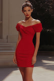 Red Satin Bodycon Ruched Short Cocktail Dress