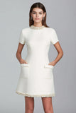 Ivory A Line Short Tweed Work Dress with Pockets
