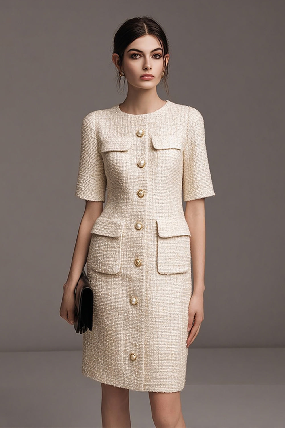 Ivory Knee-Length Sheath Round Neck Work Dress