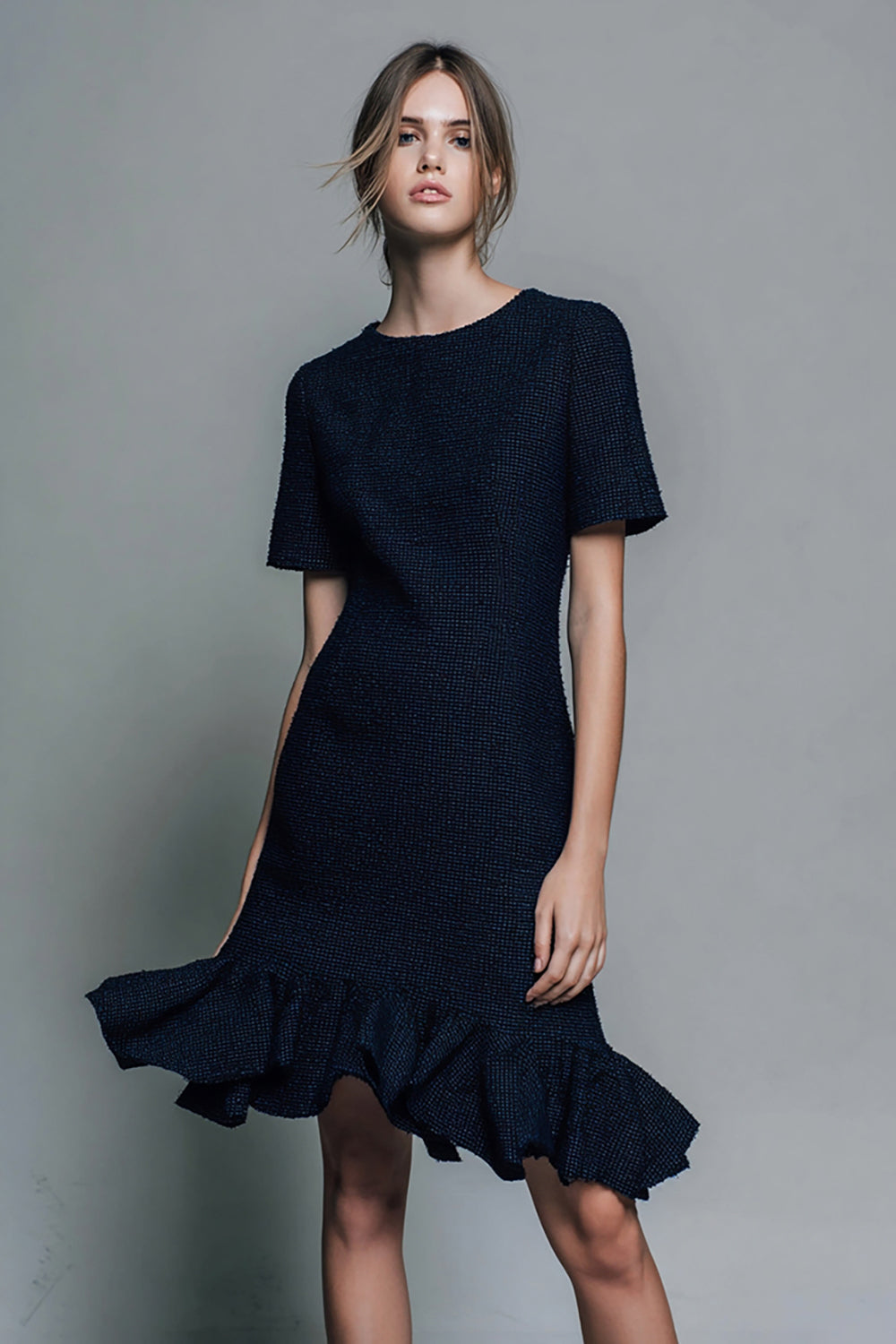 Round Neck Sheath Black Work Dress with Ruffles