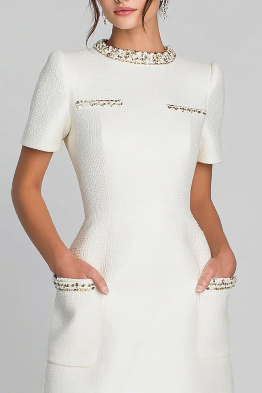 Ivory Round Neck Sheath Work Dress with Beading