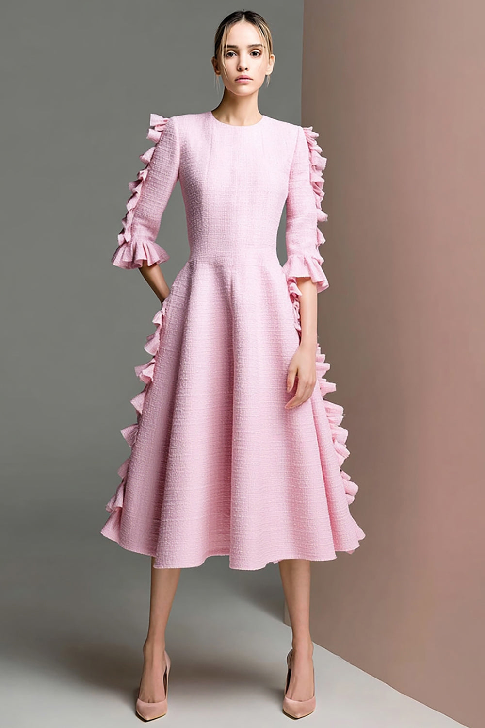 Round Neck A Line Pink Work Dress with Ruffles