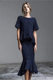 Navy Boat Neck 2-Piece Mermaid Work Dress