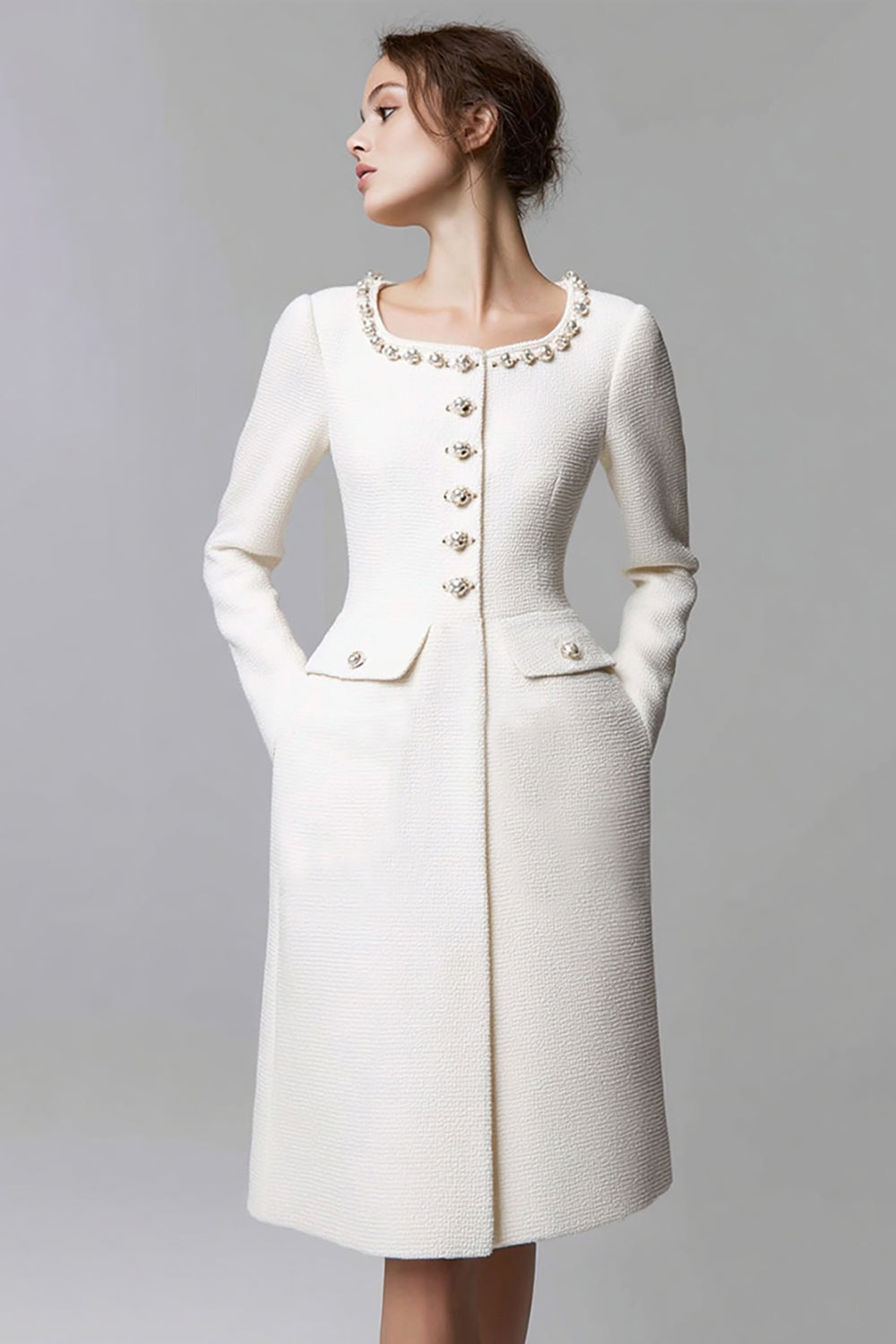 Knee-Length Sheath Round Neck Ivory Work Dress with Beading