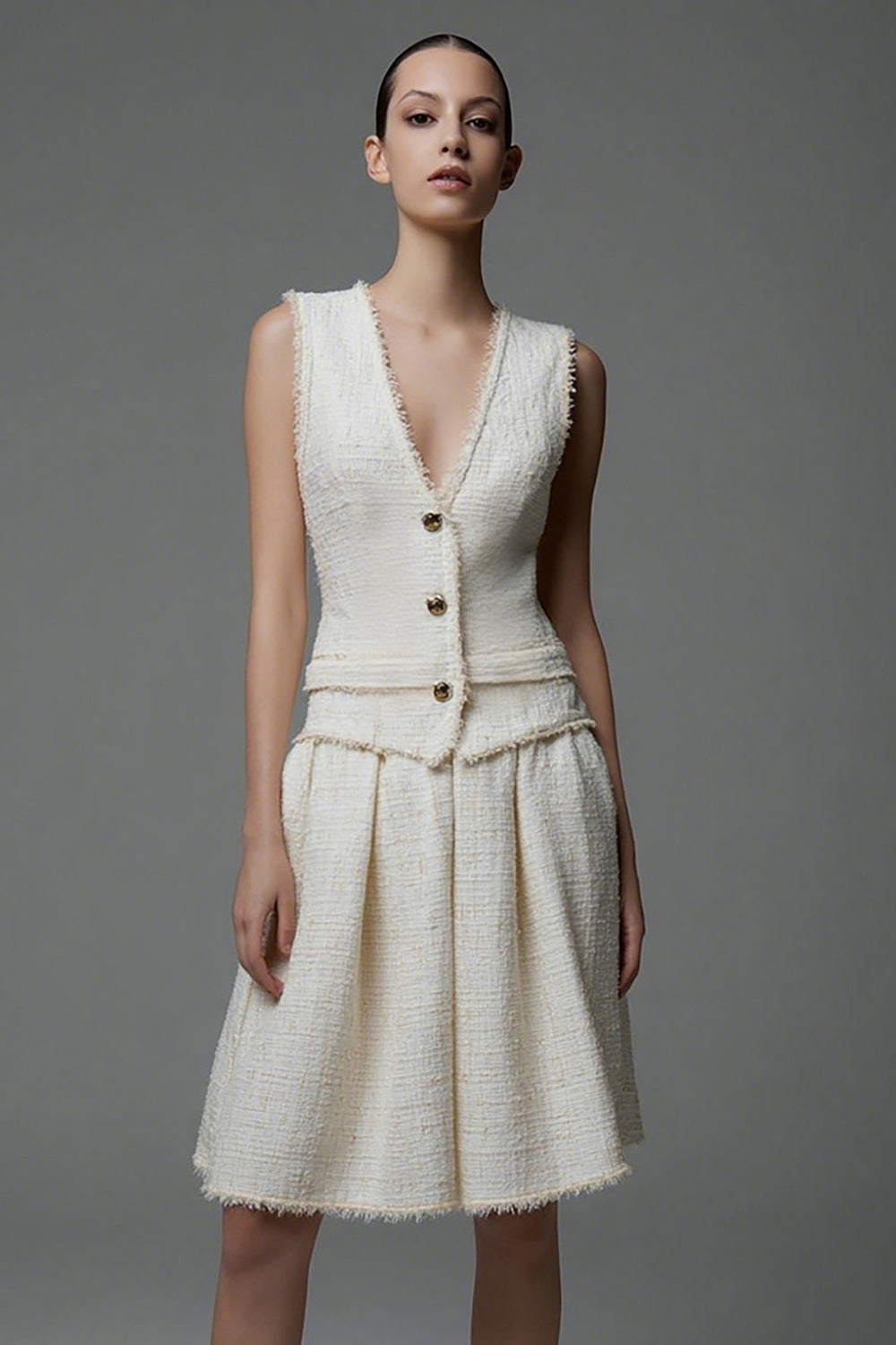 Knee-Length A Line V-Neck Ivory Work Dress with Pleats