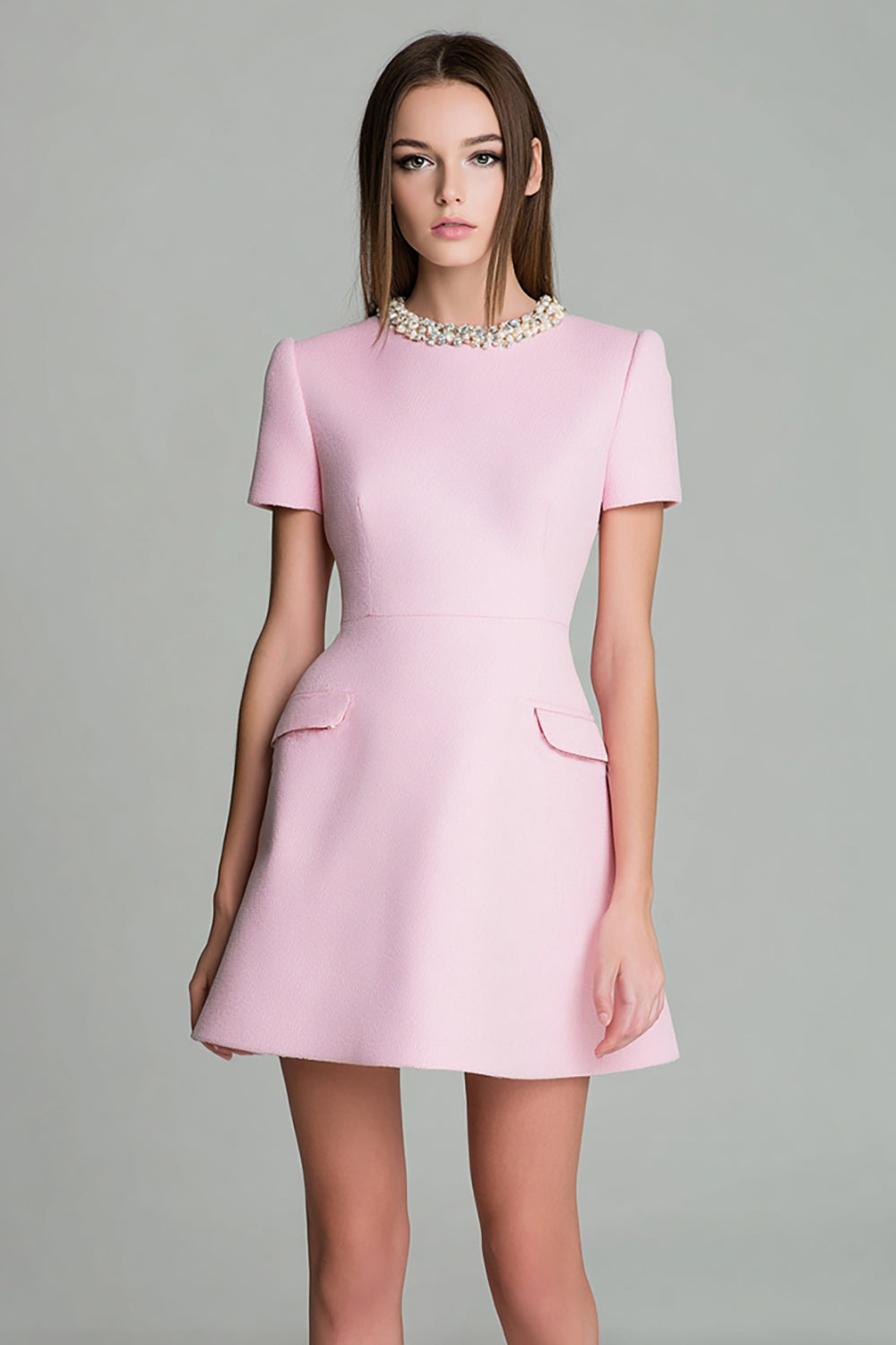 Pink Round Neck A Line Work Dress with Beading