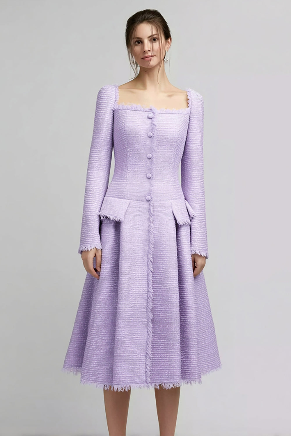 Lilac A Line Square Neck Midi Work Dress with Pleats