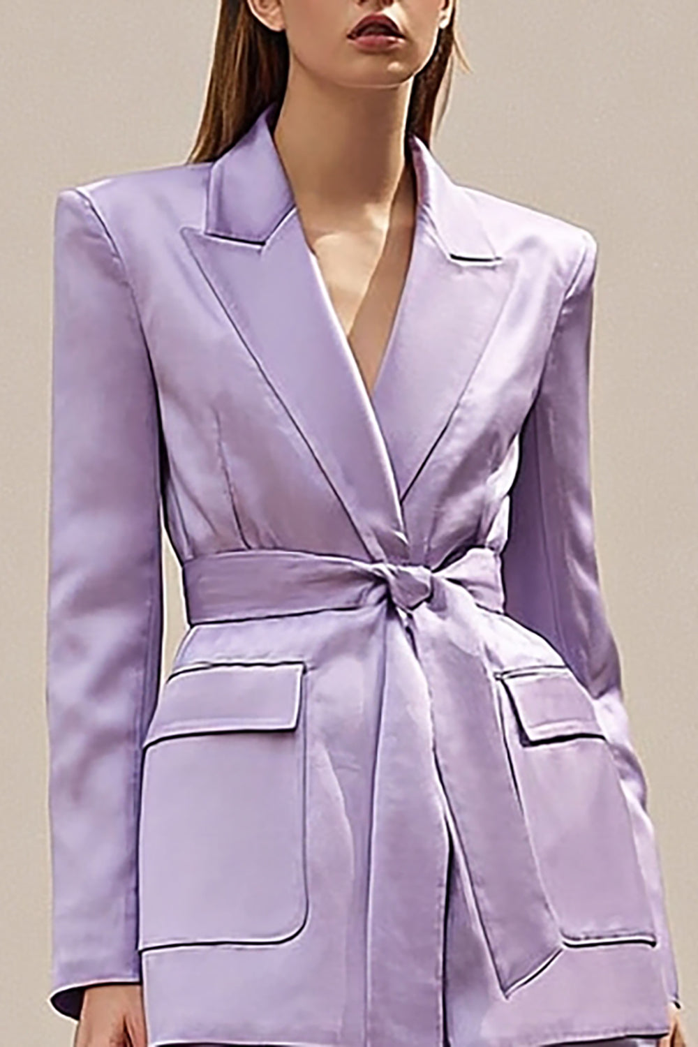 2 Piece Lilac Peak Lapel Satin Business Suits with Sash
