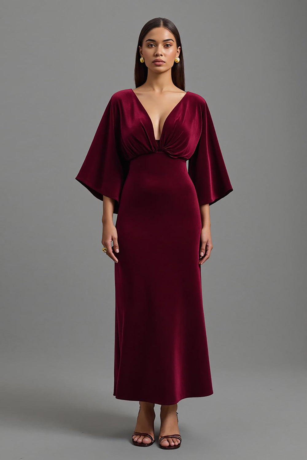 Velvet Burgundy V-Neck Long Holiday Party Dress with 3/4 Sleeves