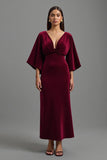 Velvet Burgundy V-Neck Long Holiday Party Dress with 3/4 Sleeves