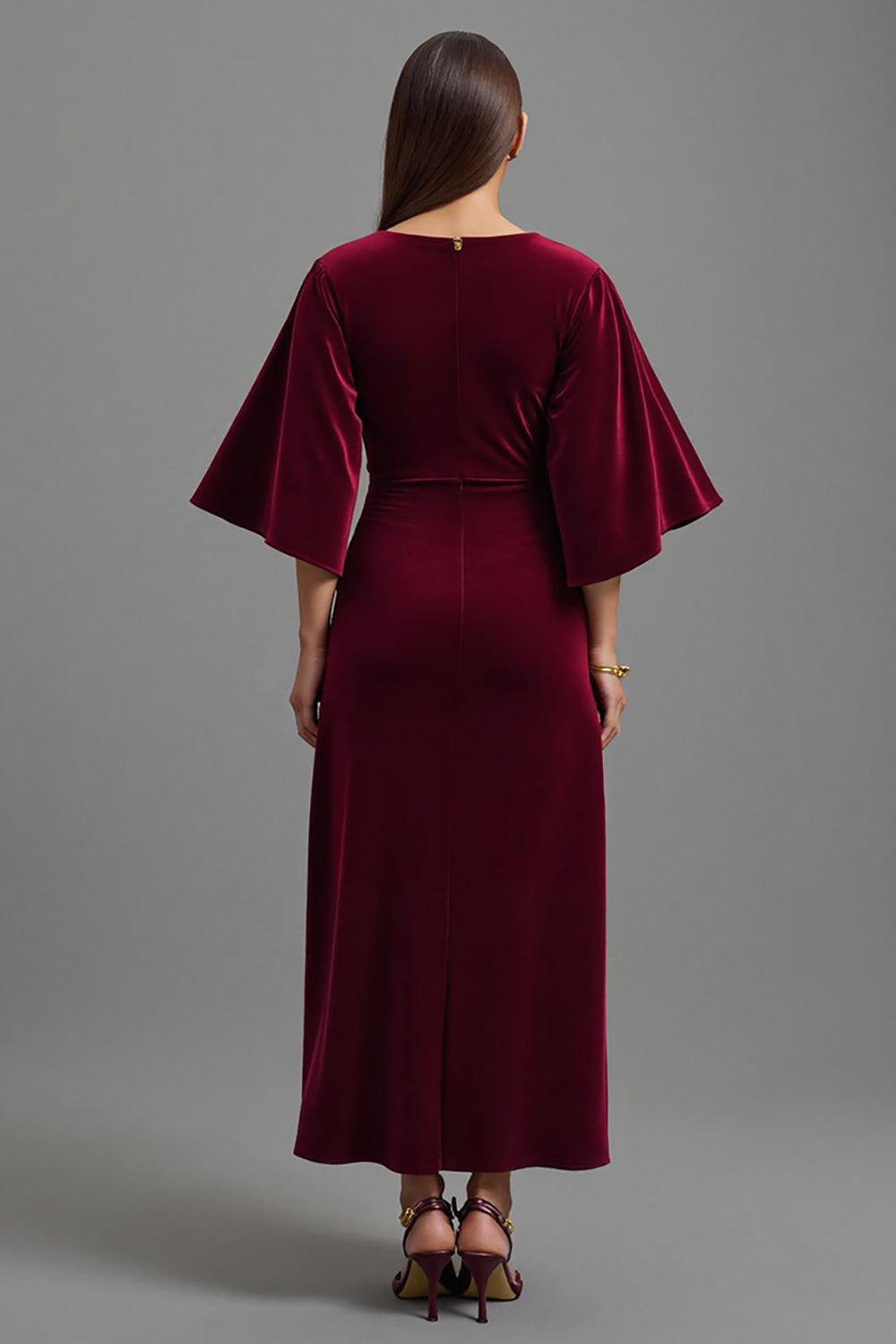 Velvet Burgundy V-Neck Long Holiday Party Dress with 3/4 Sleeves