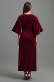 Velvet Burgundy V-Neck Long Holiday Party Dress with 3/4 Sleeves