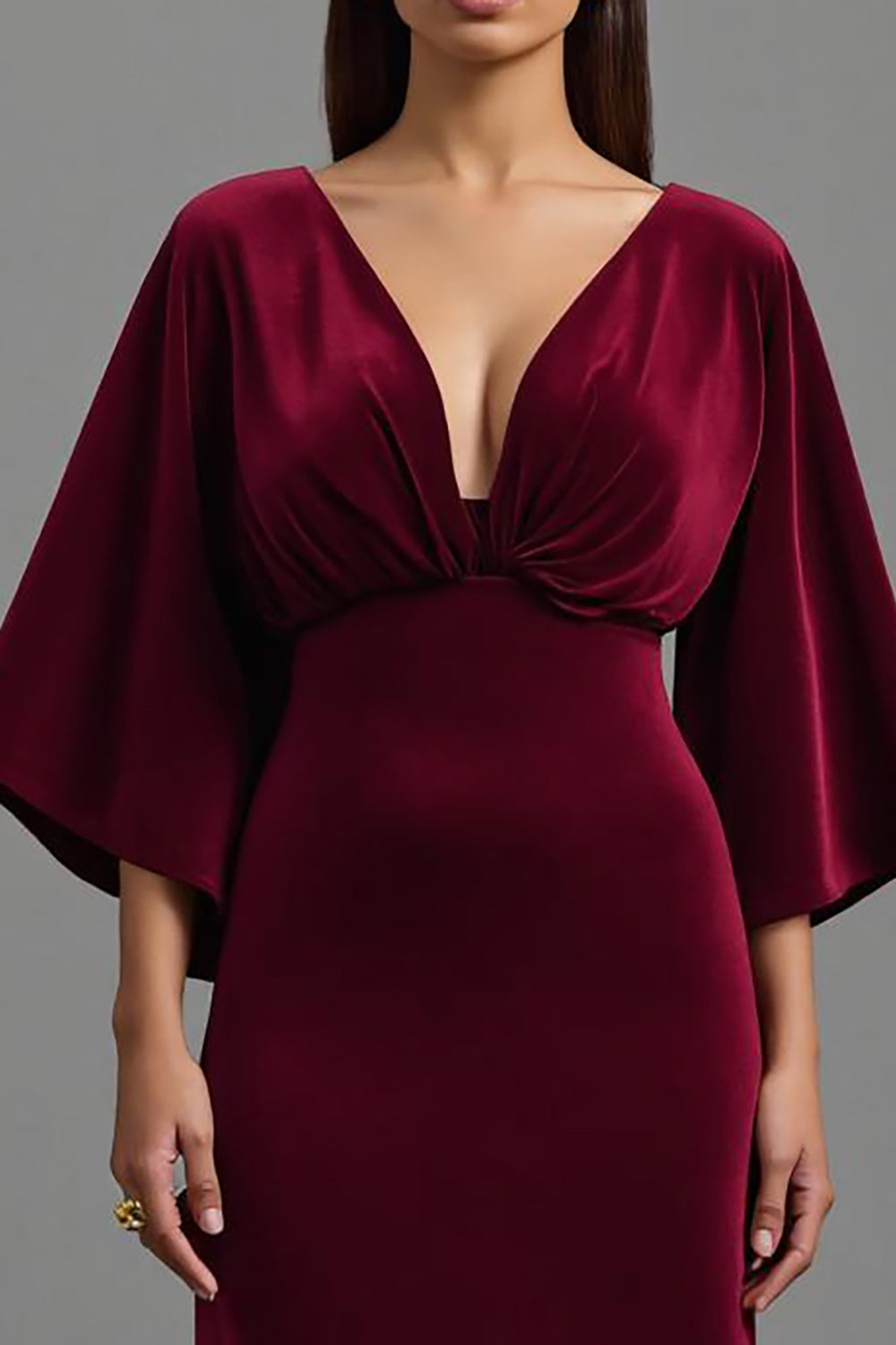 Velvet Burgundy V-Neck Long Holiday Party Dress with 3/4 Sleeves
